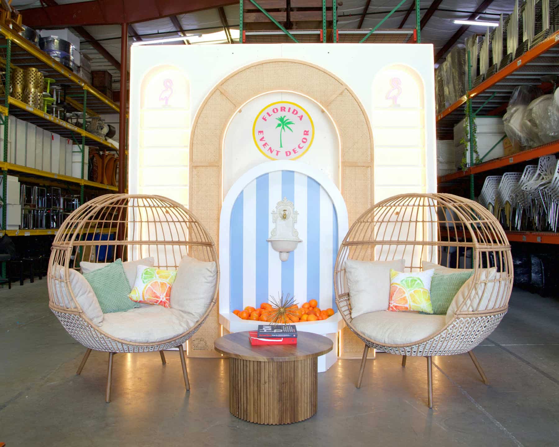 Florida Event Decor branded vignette egg chairs
