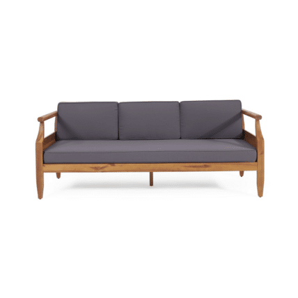 Amelia Sofa Mid-century modern sofa with wooden frame and gray cushions.