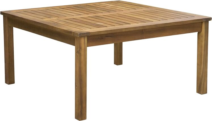 Bahia Alt Table wooden square table with a slatted top design and sturdy legs, showcasing a natural finish.