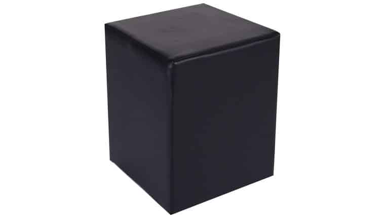 Black Vinyl Cube leather ottoman cube with a smooth texture. It has a modern, minimalist design, conveying a sleek and functional tone.