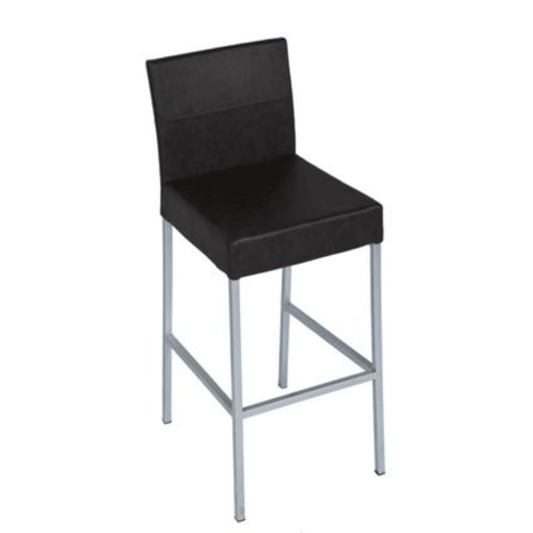 A high-backed Blaine Barstool with a black cushioned seat and backrest, supported by sleek, metallic legs.