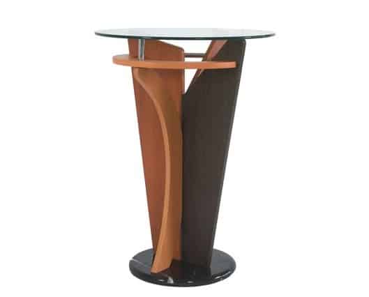 Burnt Mojave Bar table with a glass top, featuring a dynamic, asymmetric wood design in warm brown and dark hues, conveying a sleek, contemporary aesthetic.