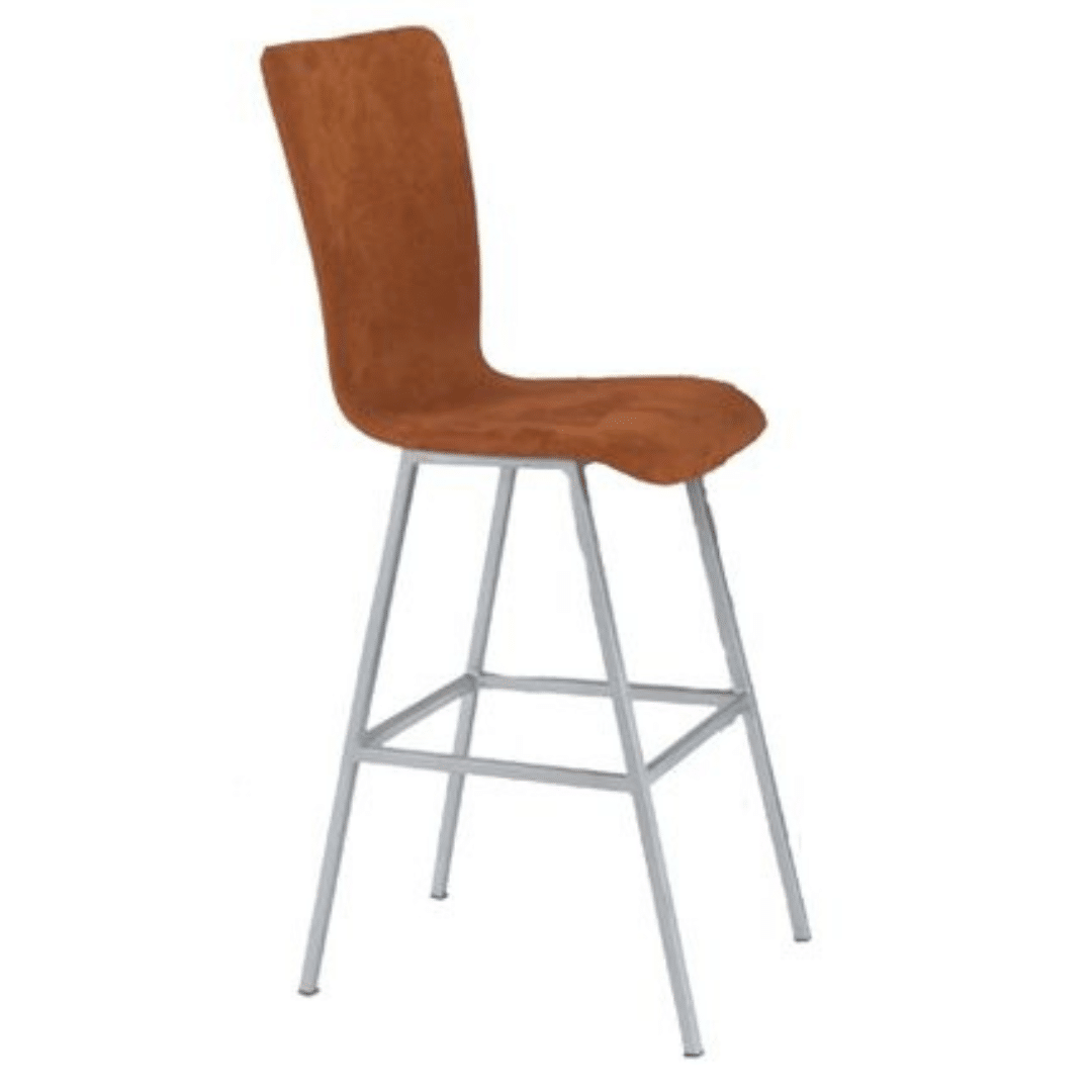Burnt Mojave Barstool with a brown suede seat and backrest supported by sleek silver metal legs.