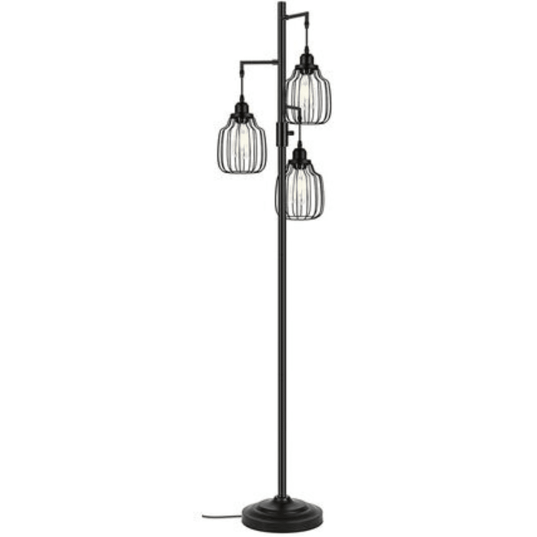 Caged Floor Lamp with three cage-like pendants, each holding a light bulb. The sleek design conveys a contemporary, stylish ambiance.