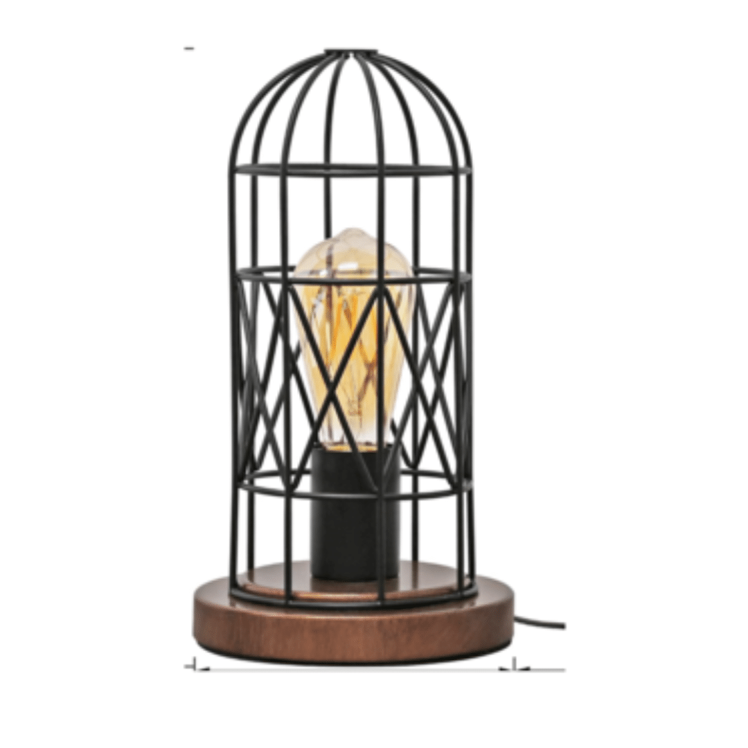 Caged Table Lamp with an Edison bulb encased in a black wire cage. The lamp sits on a wooden base, giving a warm, industrial feel.