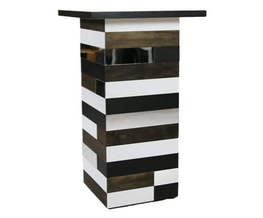 Calico Cocktail Table Tall rectangular podium with alternating black, white, and wood grain horizontal stripes. The sleek, modern design creates a bold and stylish appearance.