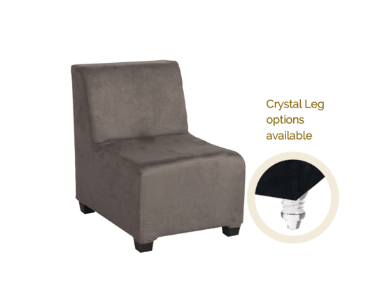 Gray armless accent chair with a minimalist design and black legs. Inset shows a close-up of an optional crystal leg. Text reads "Crystal Leg options available."
