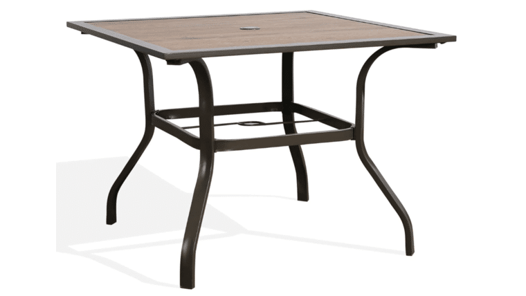 Corona Table square outdoor table with a wood-effect top and dark metal legs, featuring a central hole for an umbrella.