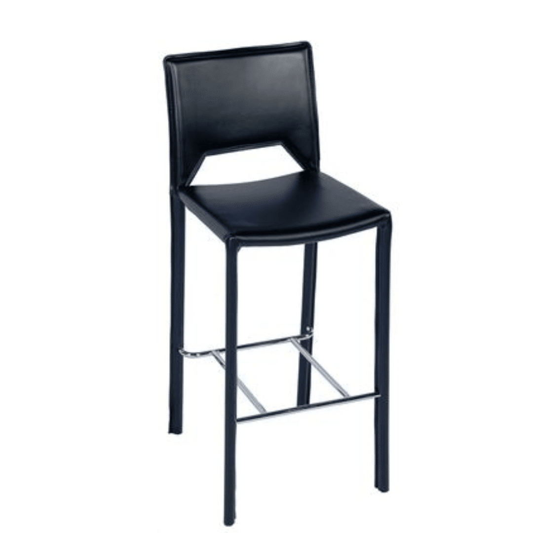 Fabian Barstool modern black bar stool with a cushioned seat and backrest, featuring a metal footrest. The design conveys a minimalist and contemporary style.