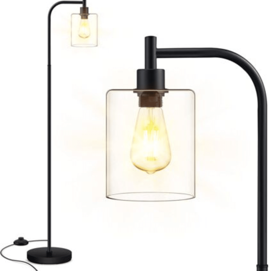 Gooseneck Floor Lamp with a simplistic design featuring a clear glass shade encasing a warm glowing LED bulb, creating a modern and minimalist ambiance.