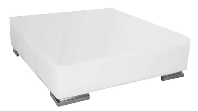 A minimalist white square ottoman with a smooth surface, resting on four metallic legs.