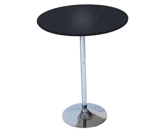 A sleek, modern round black table with a shiny chrome stem and base. The minimalist design conveys a contemporary and elegant tone.