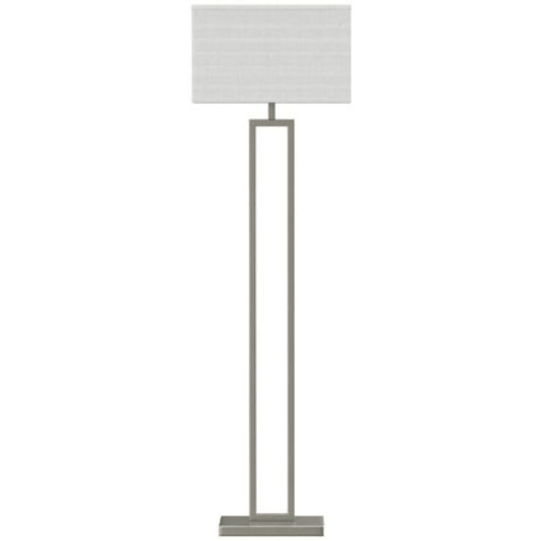 Modern Floor Lamp with an open rectangular metal frame and a square white shade. The minimalist design conveys a sleek and contemporary style.