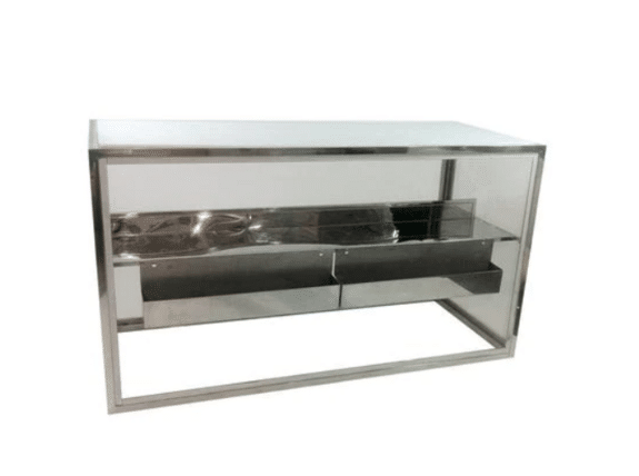 Modern Bar back metal display case with a sleek, rectangular design. Includes two shelves and a reflective finish, conveying a minimalist, industrial style.