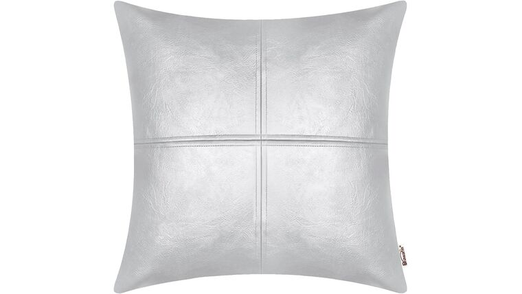 Pillow Statement Silver Leather square cushion with a subtle sheen, featuring a stitched central cross pattern.
