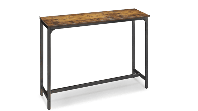 Pub Table with a rustic wooden top and sleek black metal frame, conveying a minimalist, industrial style. Its narrow design suits small spaces.