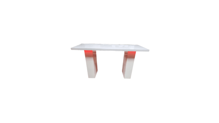 Pub table LED with a sleek top and two broad, rectangular legs, illuminated by subtle red lights in the middle, creating a contemporary feel.