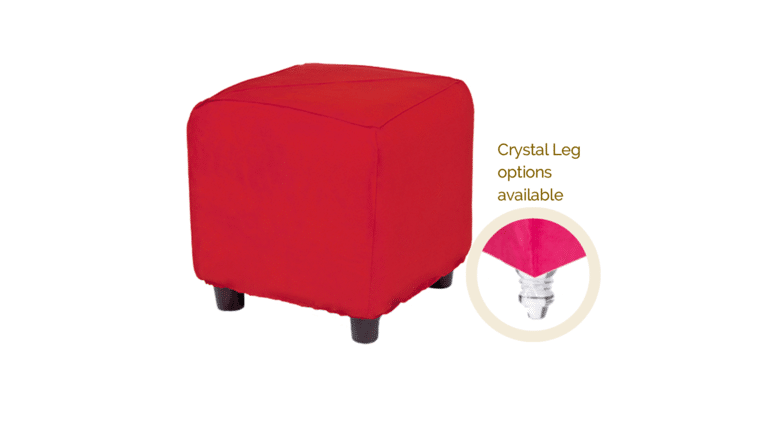 A red cube-shaped ottoman with black legs, set against a white background. A circular inset shows a crystal leg option. Text reads "Crystal Leg options available."