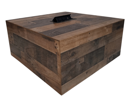 Stained Charging Coffee Table A rustic wooden box with a patchwork design of various wood tones.