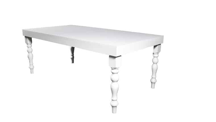 White High Gloss Table with a smooth top and four ornate, turned legs. The table is set against a plain white background, giving a minimalist feel.