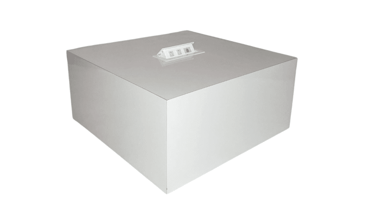 White High gloss Charging Coffee Table rectangular box with a small, three-windowed raised structure centered on top.