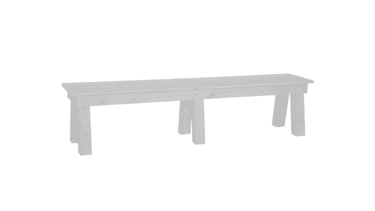 White washed bench with four legs on a white background. The bench is rectangular with a rustic design, conveying a minimalist and natural feel.