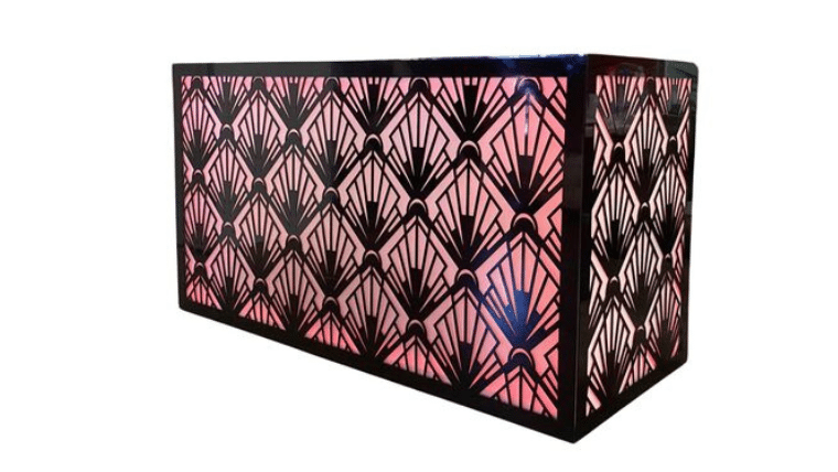 Rectangular object with intricate Black High Gloss Art Deco Insert pattern against a pink background, conveying elegance and a vintage aesthetic.