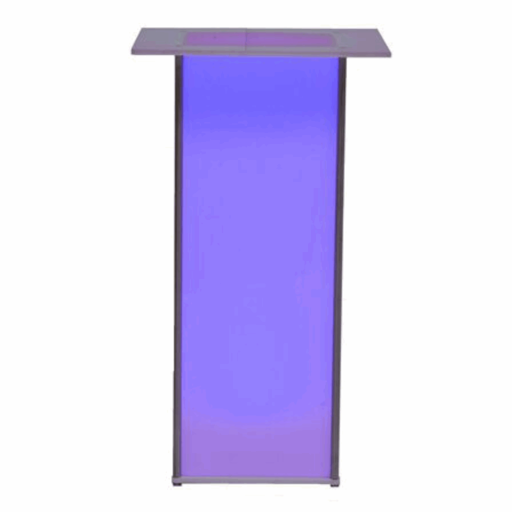 Glow Cocktail Tables rectangular pedestal with a glowing blue-purple surface stands against a white background, creating a modern and futuristic appearance.