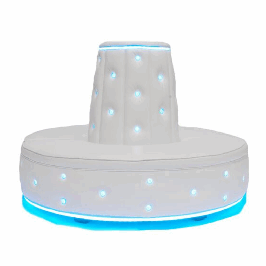LED Banquette seating with circular base and tall backrest, studded with glowing blue lights. The modern design creates an inviting ambiance.