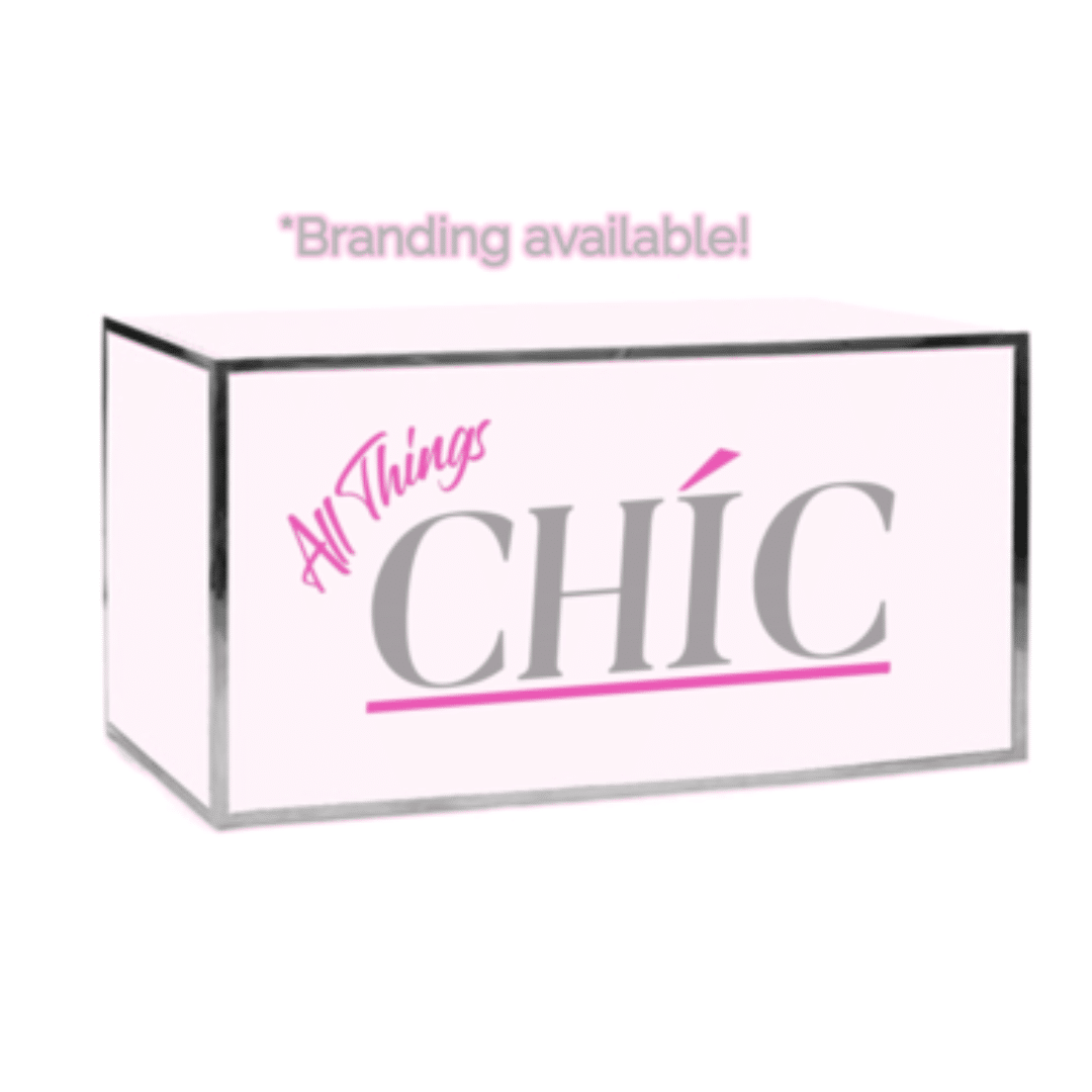 Modern Acrylic LED Box with text "All Things CHIC" in gray and pink. A line underneath emphasizes "CHIC". Above, it reads "Branding available!" in pink.