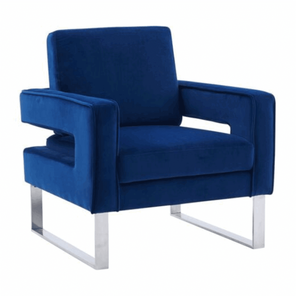 Monarch Accent Chair with sleek rectangular design, featuring comfy cushions and metallic square legs, exuding a stylish, contemporary vibe.