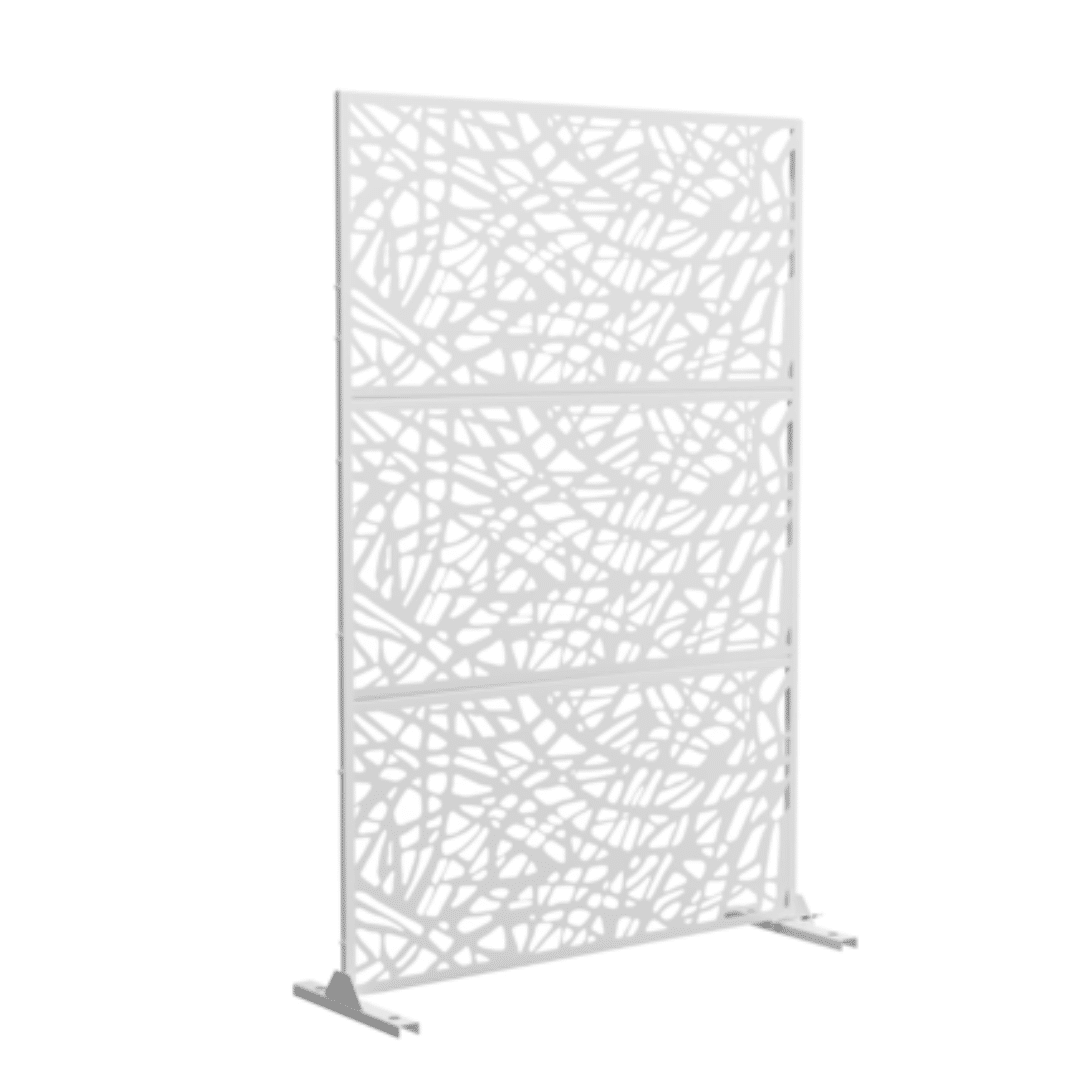 Nest Partition freestanding room divider with three panels featuring an intricate, abstract cut-out pattern, creating a modern and artistic feel.