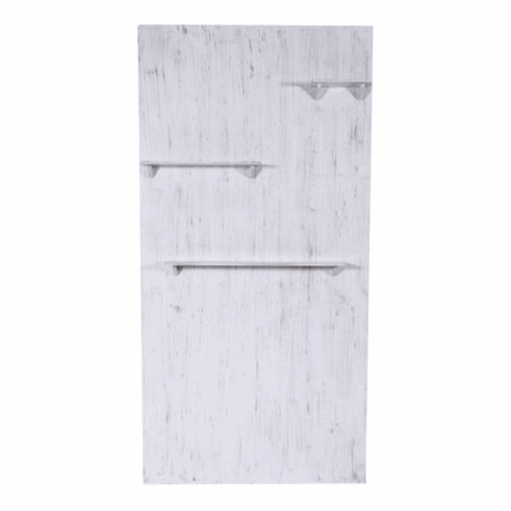 Props and Installations White wooden panel with a distressed finish featuring three narrow, horizontal shelves.