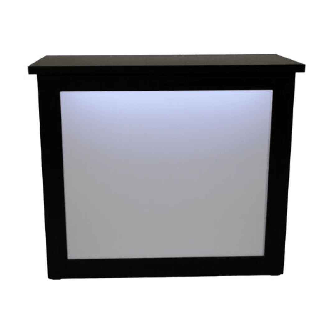 Registration Desk bar counter with a black frame and a softly glowing white front, creating a sleek and minimalist appearance.