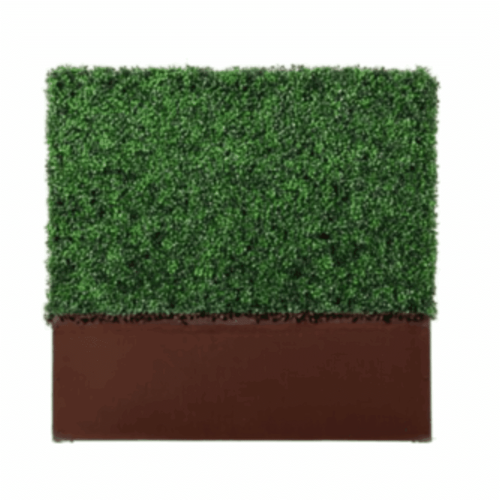 Short Hedge Wall green artificial hedge in a brown rectangular planter. The vibrant greenery contrasts with the muted planter, creating a neat, organized look.