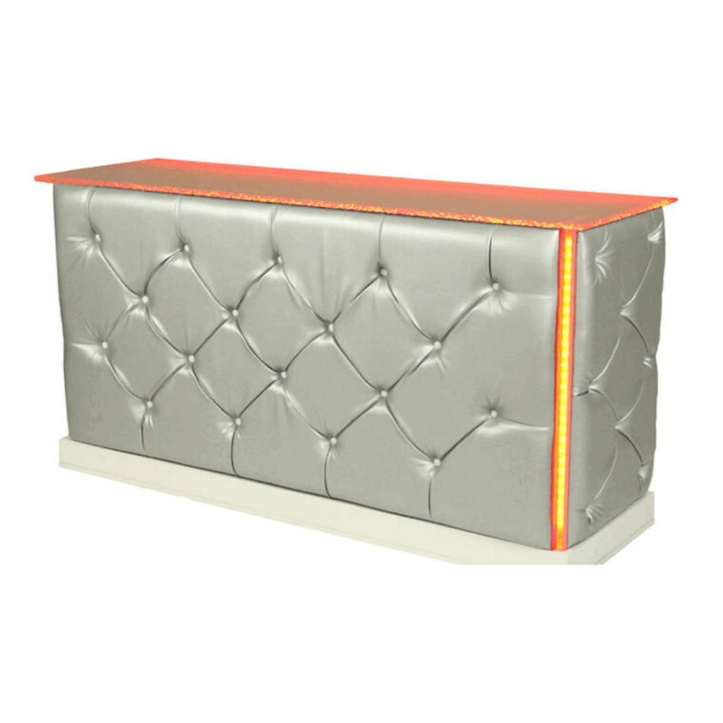Silver Tufted Bar counter with silver tufted leather front paneling and glowing red LED lights along the edges, creating a sleek, modern ambiance.