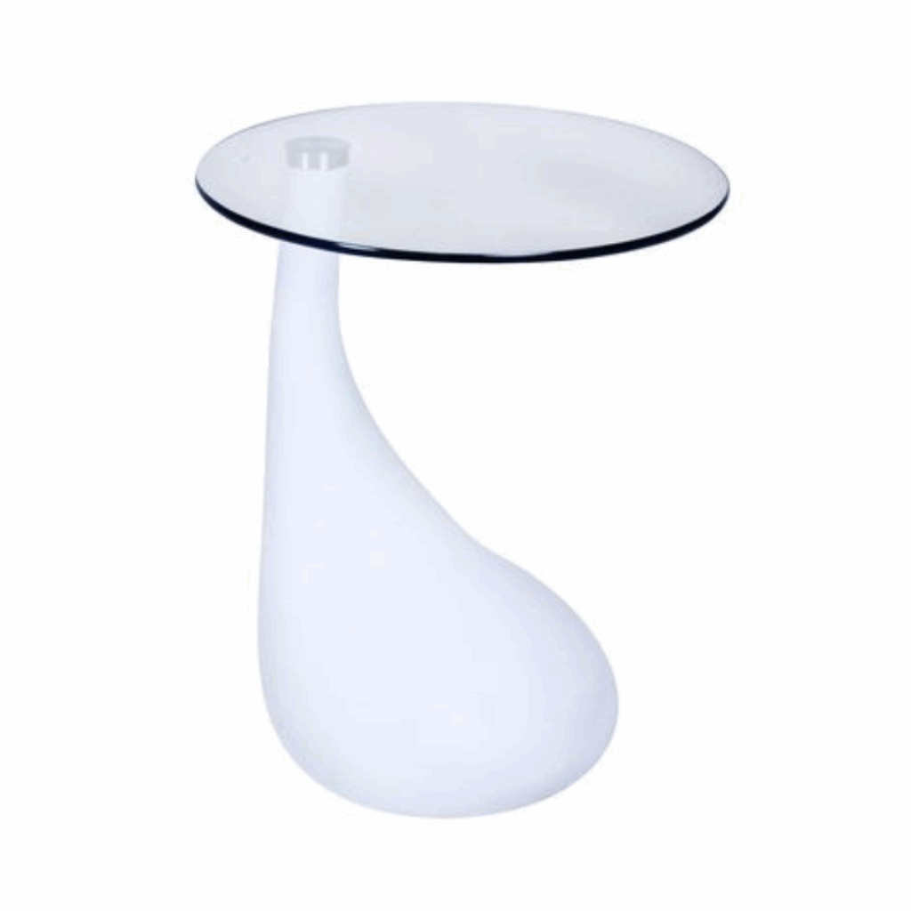 Tear Drop End Table with a round glass top and a sleek, curved white base. The design is minimalist and elegant, conveying a contemporary feel.