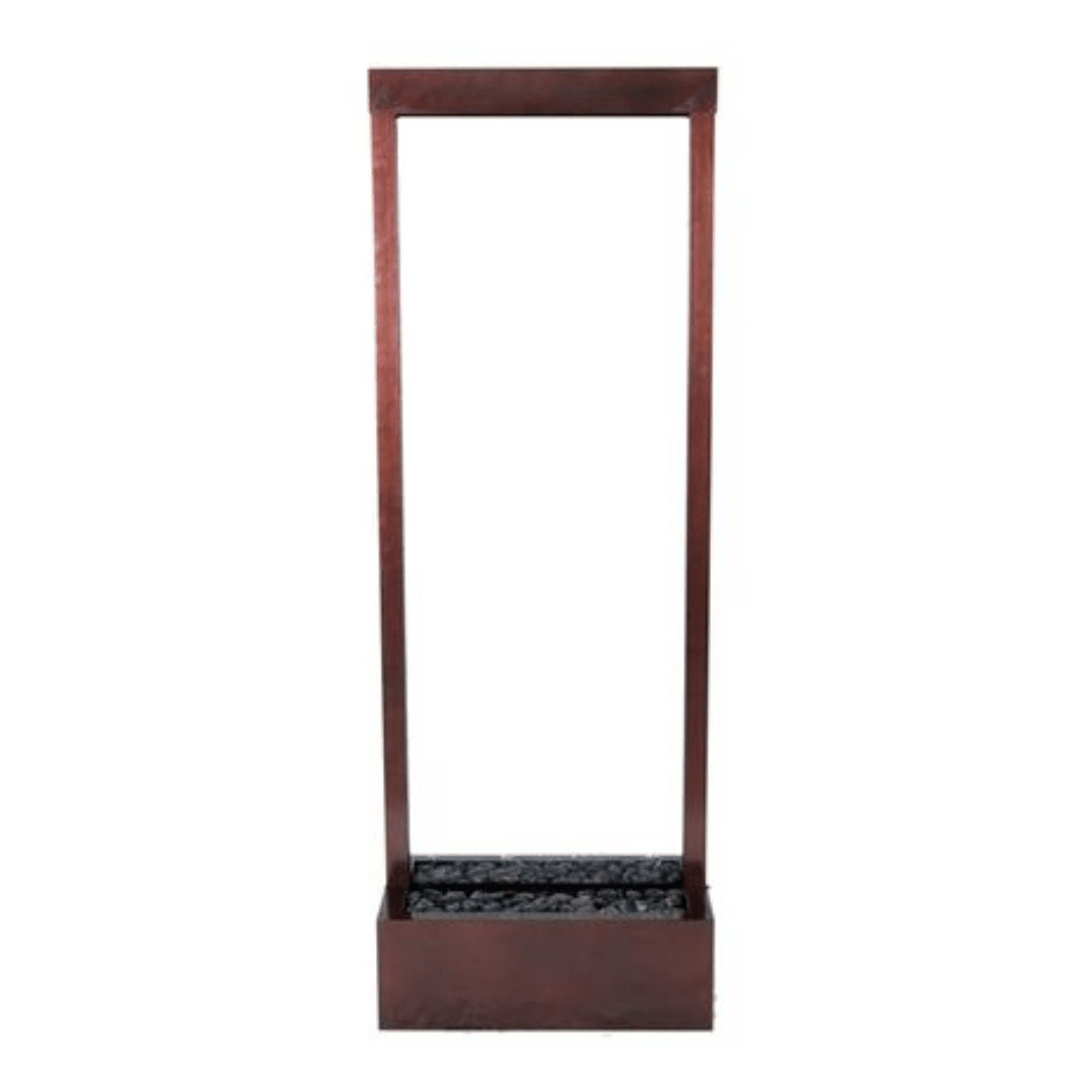 Waterfall rectangular brown metal frame on a white background, with a rock-filled base. Minimalist design, suggesting modern and industrial aesthetics.