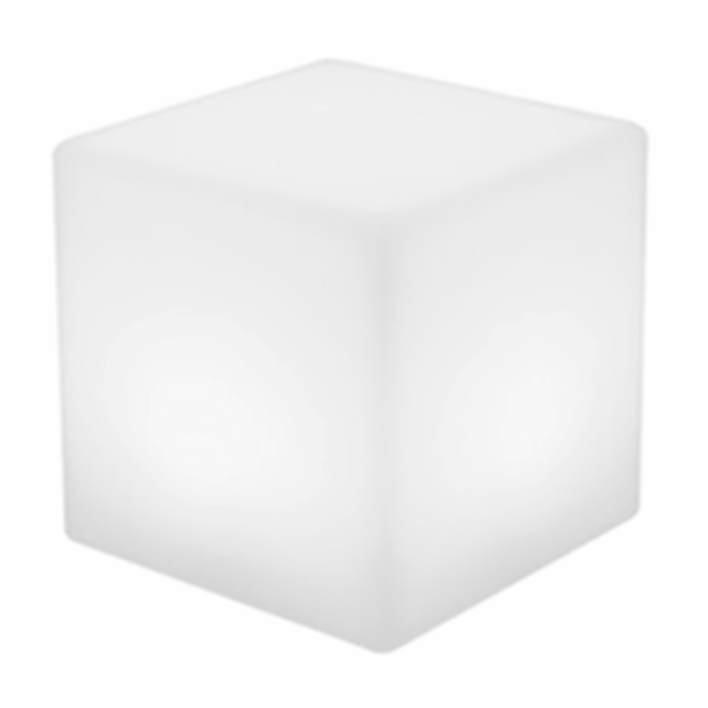 White, illuminated cube against a plain background. The cube emits a soft glow, creating a minimalist and calming atmosphere.